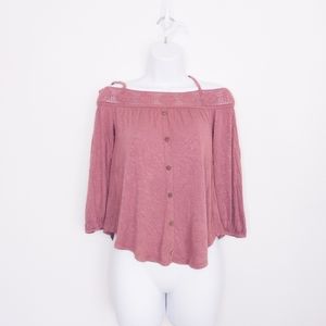 Aeropostale Women's Off the Shoulder Shirt XS Pink Top Cute Faux Buttons